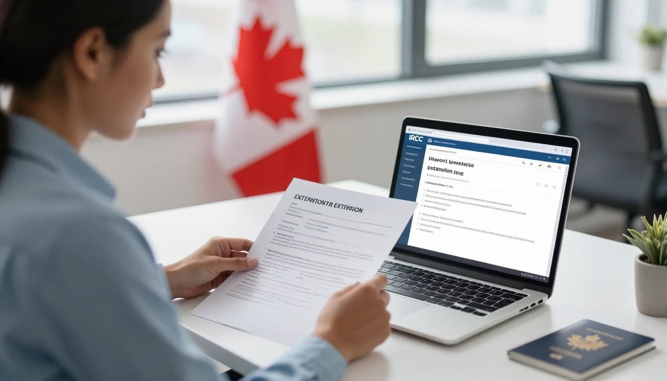 A professional immigrant sits at a desk in a modern Canadian office, reviewing work permit extension documents on a laptop open to the IRCC website, with Canadian flag and maple leaf in the background under natural daylight.