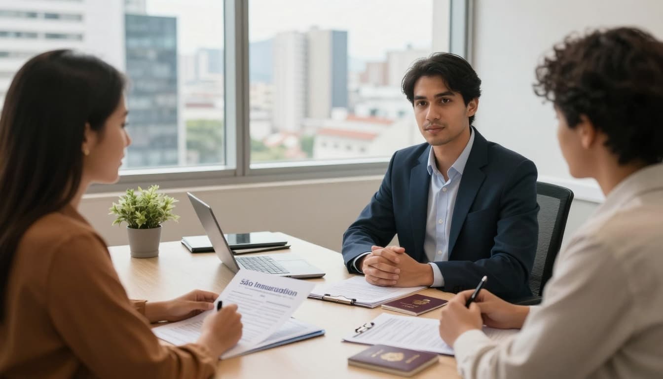 A professional immigration consultant in a modern office in São Paulo, Brazil, sits across from a diverse client at a desk with visa documents, passports, and laptops. Large windows reveal the city skyline, with bright natural light and a warm, professional atmosphere.