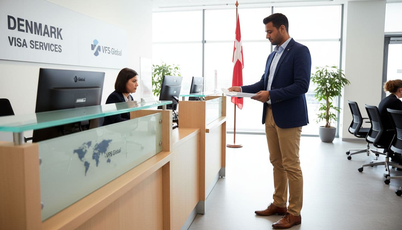 A professional dressed in business casual submits documents at a modern VFS Global visa application center counter, featuring a Danish flag, bright natural lighting, and organized reception with Denmark visa signage.