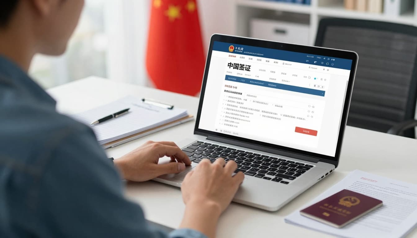 A professional traveler sits at a modern office desk with a laptop open to a China visa application website, passport and documents nearby, Chinese flag in the background, realistic photo with natural daylight.