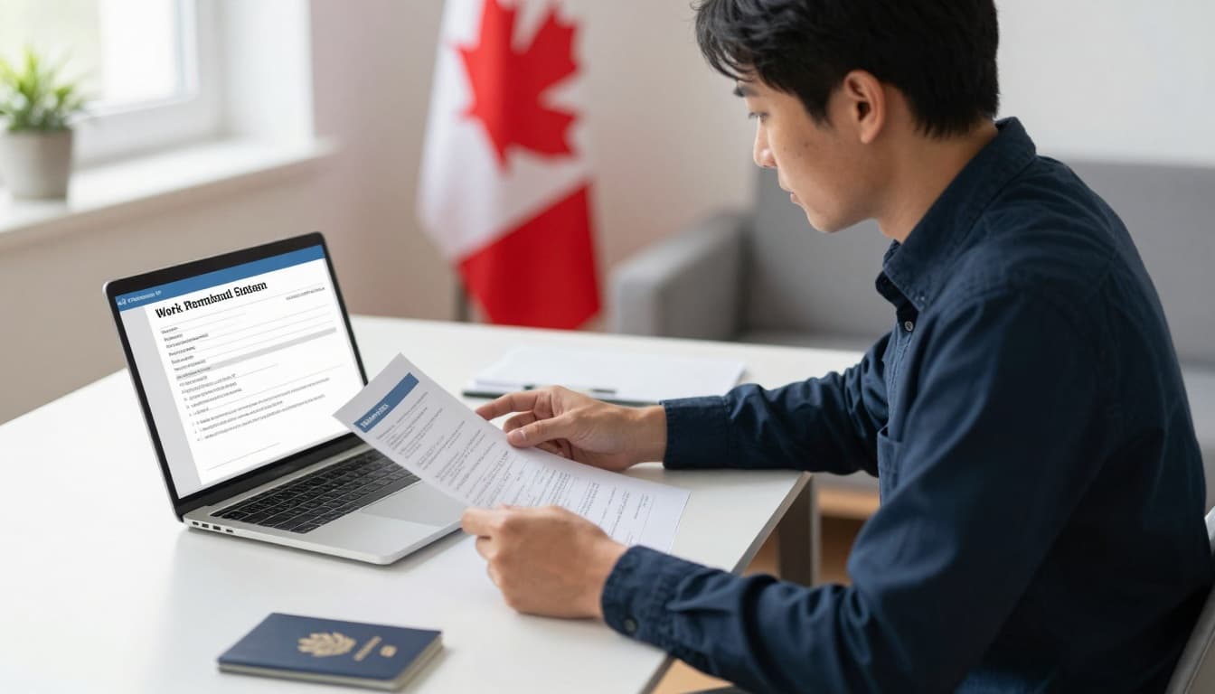 A professional worker sits at a modern desk in a home office, reviewing documents like passport and permit while using a laptop to apply for a work permit extension online, with a subtle Canadian flag in the background under natural daylight.
