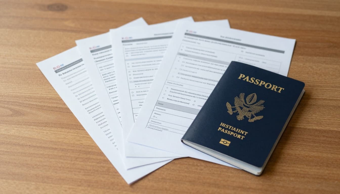 Neatly stacked visa application documents including passport, form, bank statements, flight tickets, insurance, and hotel booking on a wooden desk, captured in top-down realistic photo with soft lighting and high detail.