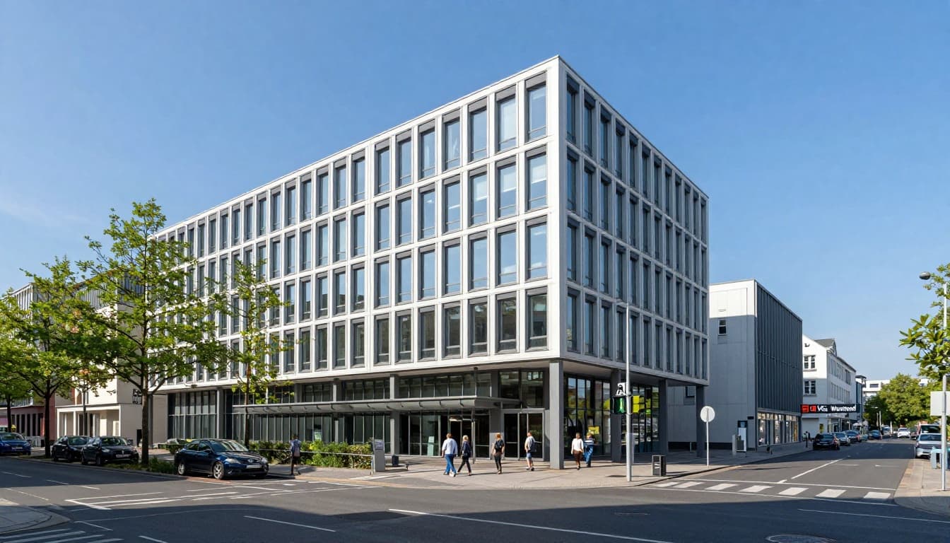 China Visa Application Center Frankfurt | CVASC Frankfurt 2 Photorealistic daytime landscape of the Rhein-Main-Center office building entrance in Frankfurt am Main, Germany, featuring pedestrians, U-Bahn Westend station sign, urban street, trees, and clear blue sky.