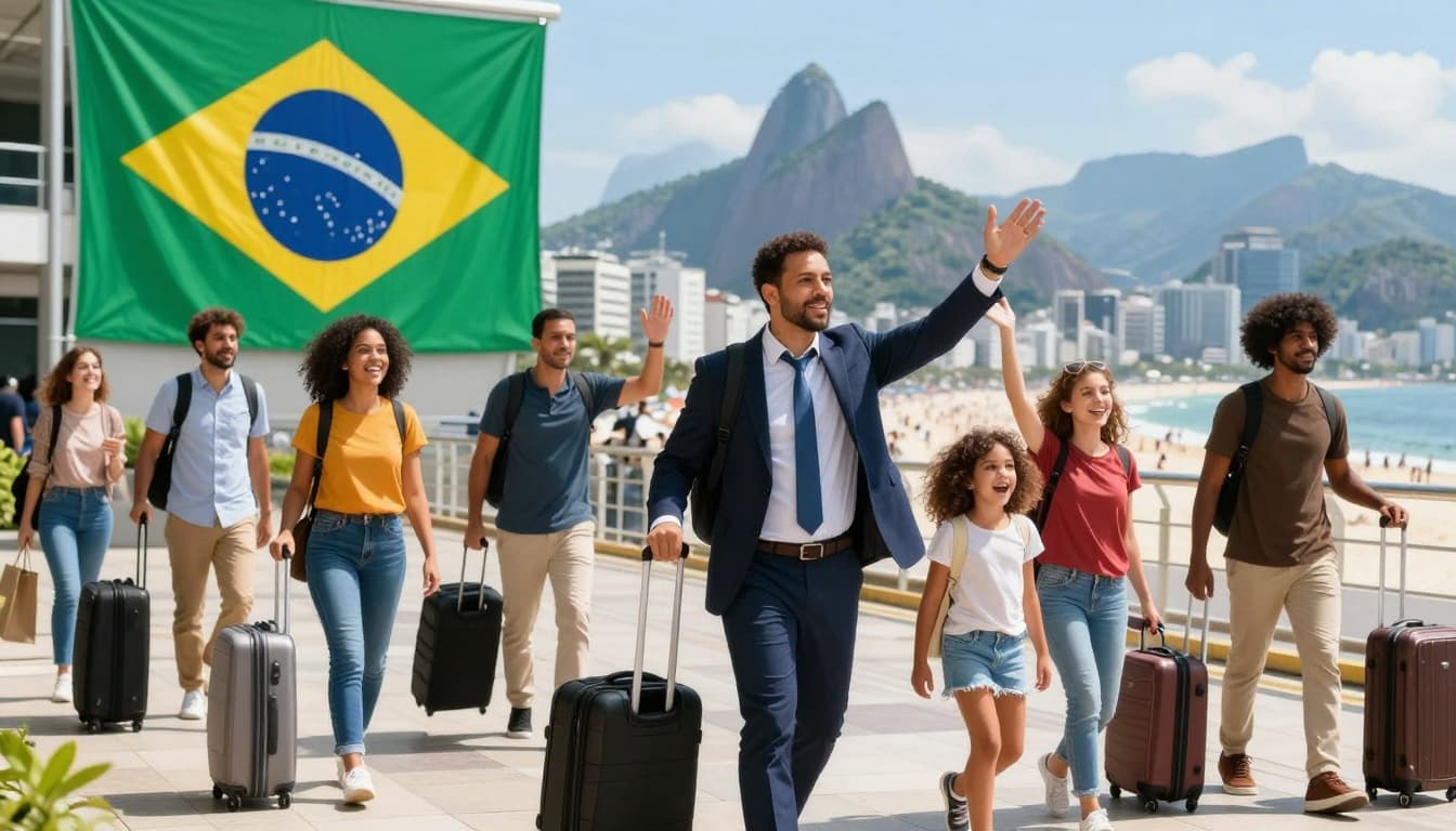 Immigration to Brazil: Your Guide to visas, Costs, and Paths 2 A vibrant scene of diverse people arriving at Rio de Janeiro airport with suitcases, Brazilian flag in the background, on a sunny day with a welcoming atmosphere.