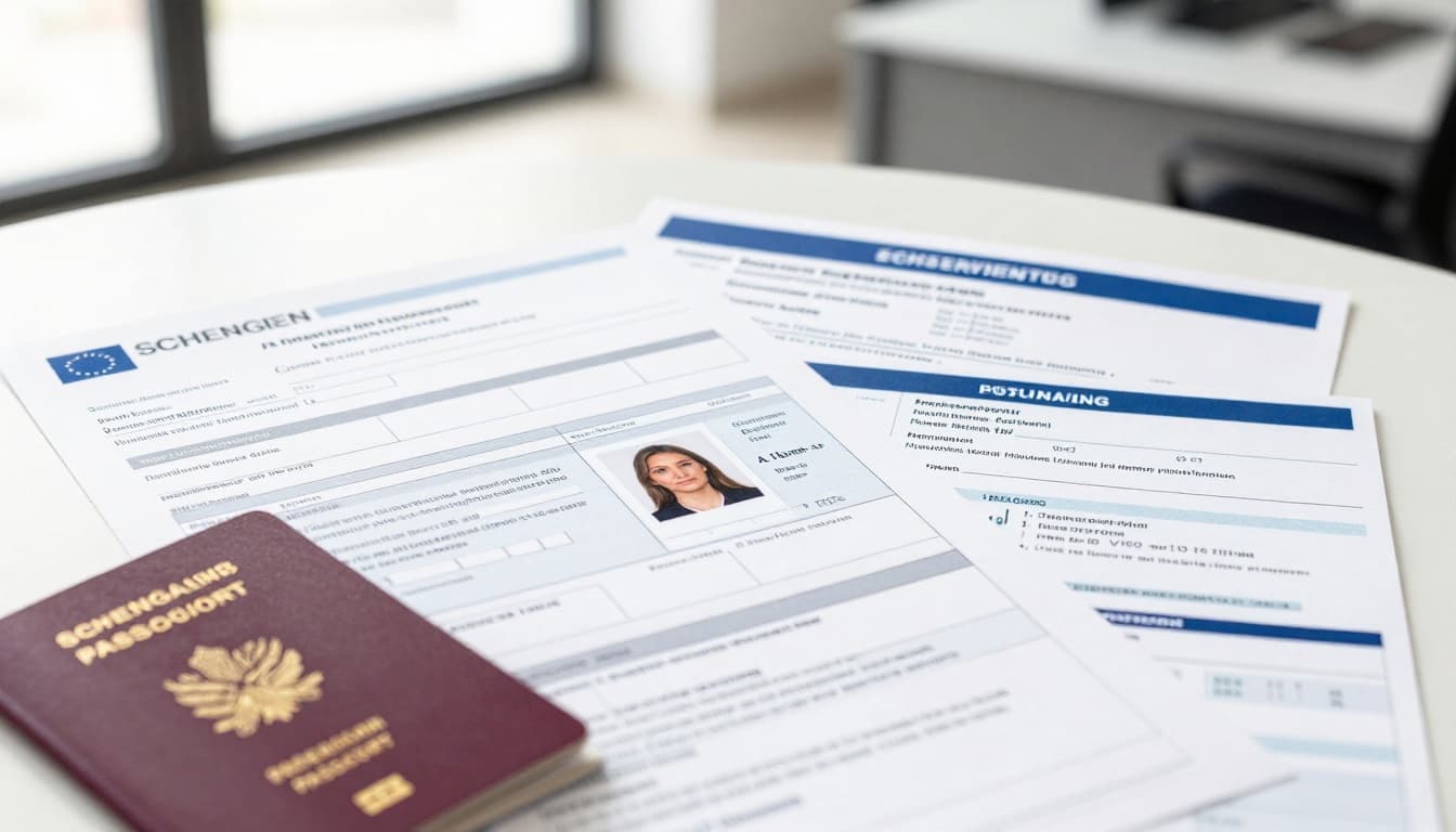 Close-up of neatly organized Schengen visa application documents on a table, including passport, form, photos, insurance, flight bookings, hotel reservation, and bank statements, in a modern office with natural light.