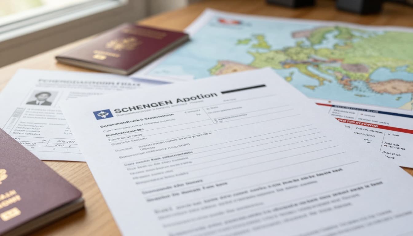 A close-up view of a Schengen visa application form filled out neatly on a wooden desk, surrounded by supporting documents like passport, photos, insurance papers, flight tickets, and hotel bookings. Soft natural daylight illuminates the scene with a subtle Europe map highlighting Austria in the background.