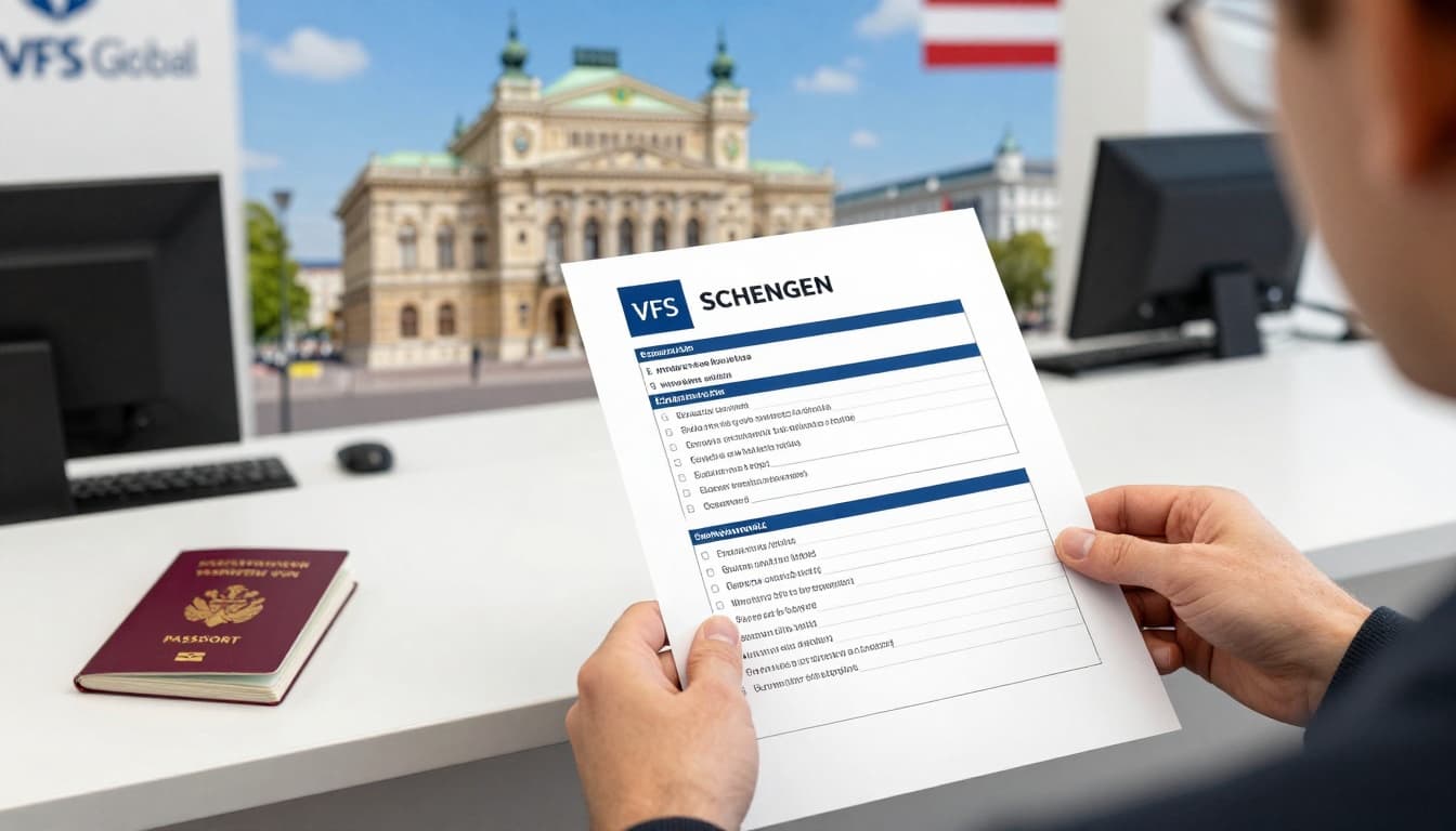 Detailed illustration of a person submitting Schengen visa documents at VFS Global counter in London, with checklists, passport, and Austrian landmarks like Vienna Opera House in the backdrop, in a professional modern office setting.