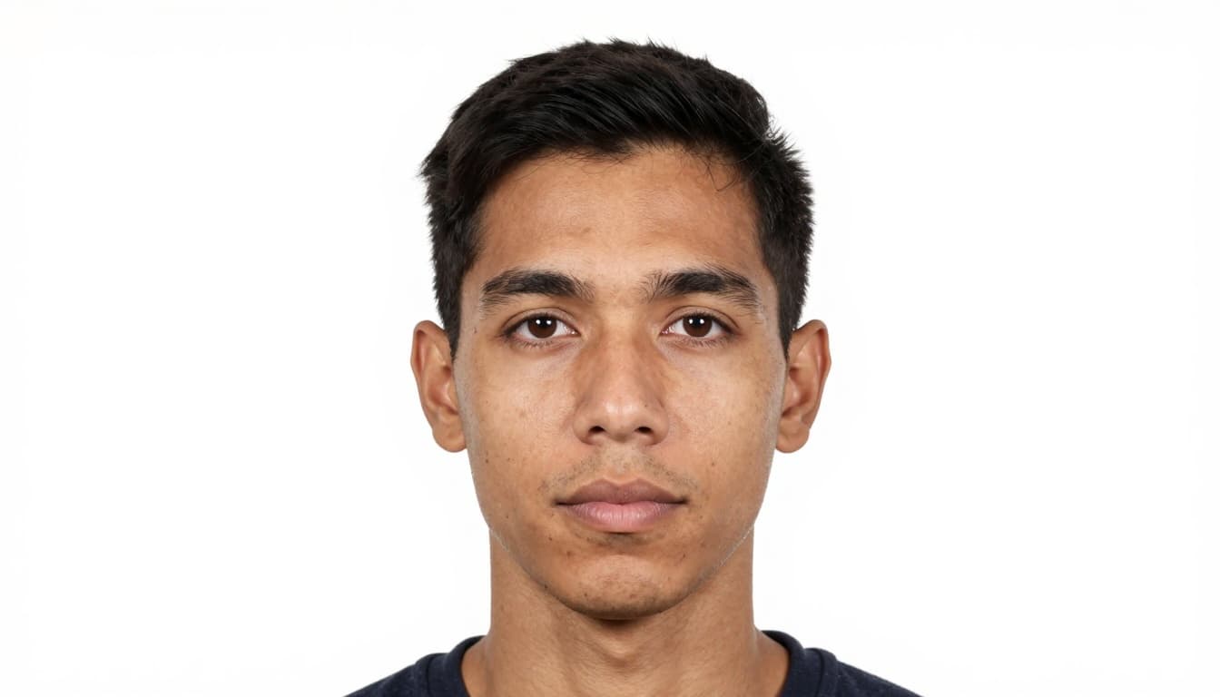 Schengen Visa Austria Photo Requirements: Exact Specs 2 Realistic studio portrait of a diverse adult with neutral facial expression, eyes open and looking straight ahead, head and shoulders centered on plain white background with even lighting and sharp focus.