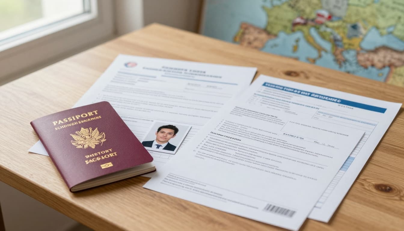 A traveler prepares essential documents for a Schengen visa application on a wooden desk, including an open passport, printed form, passport photo, travel insurance, flight itinerary, bank statement, and hotel booking. Soft natural light illuminates the neatly arranged items against a background with a faint map of Europe highlighting Austria.