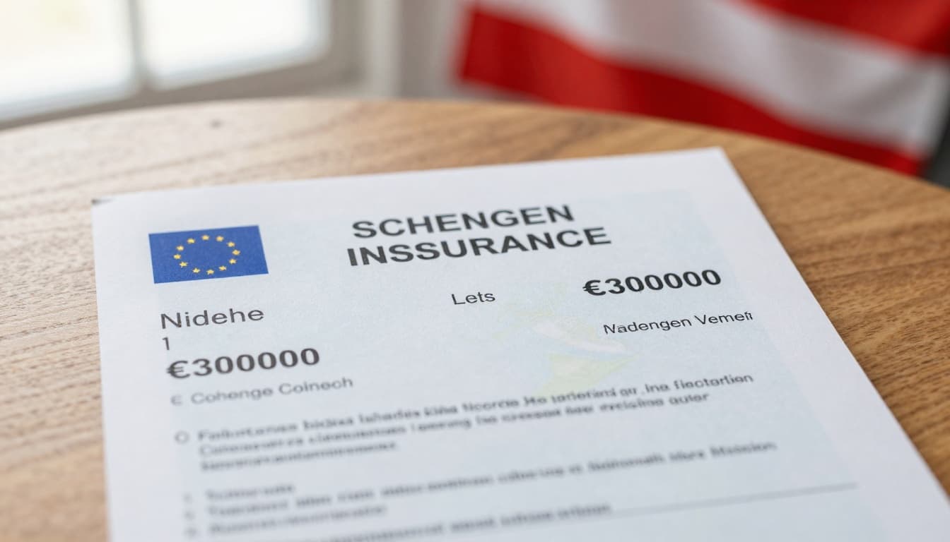 Close-up of a Schengen visa insurance certificate on a wooden table, showing key details like name, dates, €30,000 coverage, and Schengen validity under soft natural light.