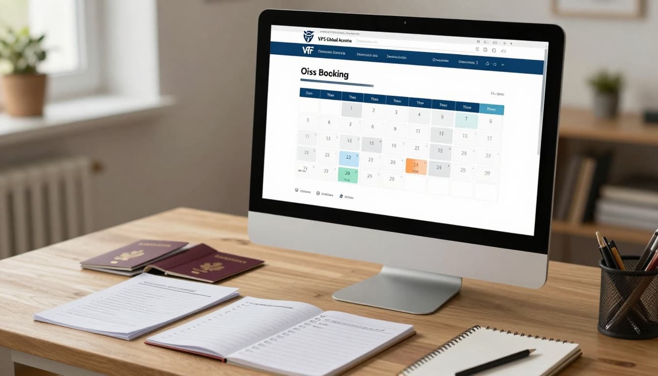 Schengen Visa Austria Appointment | Book with VFS Global 6 Photorealistic depiction of a cozy home office with a computer screen showing the VFS Global Austria website for booking Schengen visa appointments, calendar slots visible, passport documents, marked calendar, and checklist notepad nearby.