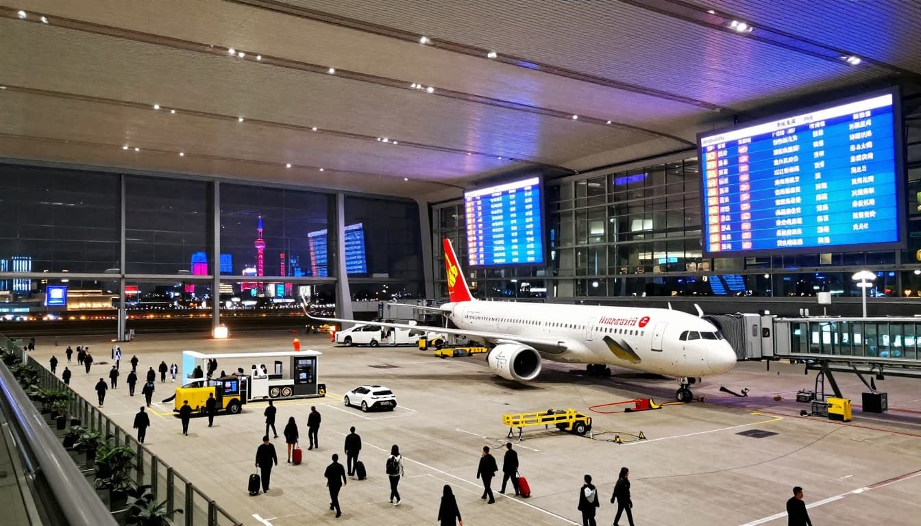 Visa to China for Indonesian: Types + 240-Hour Transit 2 Vibrant landscape image of Shanghai Pudong International Airport terminal at night with airplanes on tarmac, travelers with luggage walking towards gates, digital screens showing international flights to Tokyo and Jakarta. Busy atmosphere, modern architecture, neon lights reflecting on glass, capturing the essence of transit travel.