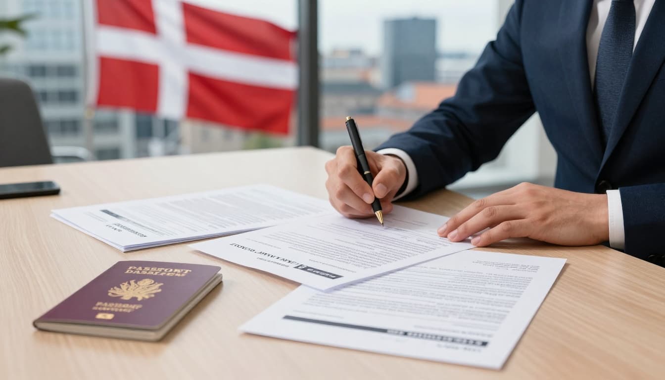 A person signs a work contract at a modern office desk in Copenhagen, Denmark, featuring the Danish flag and city skyline through the window, with passport, visa, and employment documents on the desk.