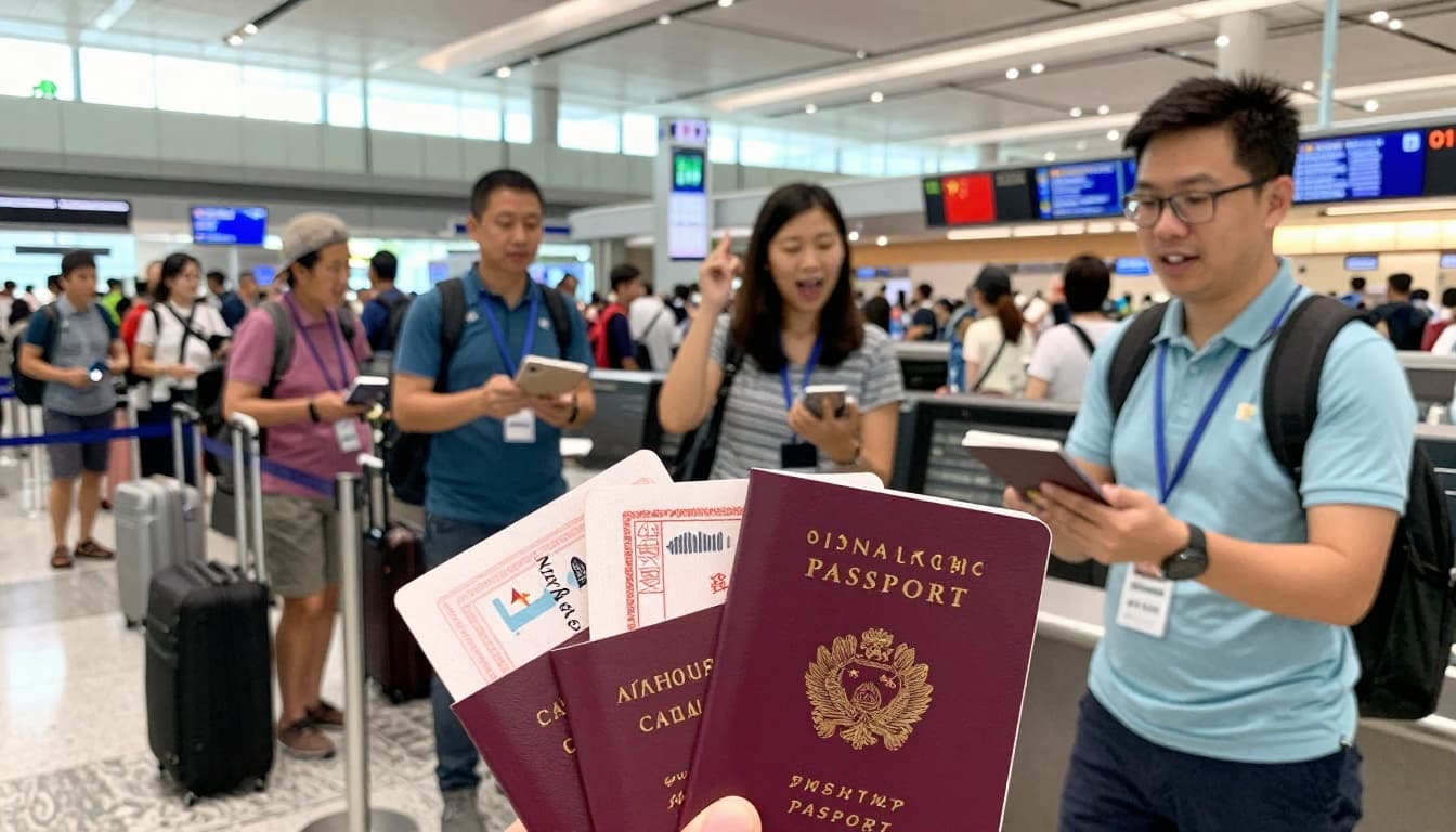 Visa to China from Singapore Guide - 30 Days Visa-Free 2 A vibrant scene of excited Singapore passport holders at Changi Airport check-in counter preparing for a flight to China, featuring visible China visa stamps on passports in the foreground, travelers with luggage, and a modern airport terminal in the background under bright natural light.