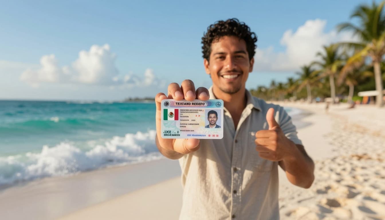 Temporary Resident Permit Mexico: How to Get 1-4 Year Stay 2 A joyful expat in casual tropical clothes holds a Mexican temporary resident permit card towards the viewer with a thumbs up on a sunny Mexican beach. Turquoise waves crash on white sand with swaying palm trees under a clear blue sky in golden hour lighting.