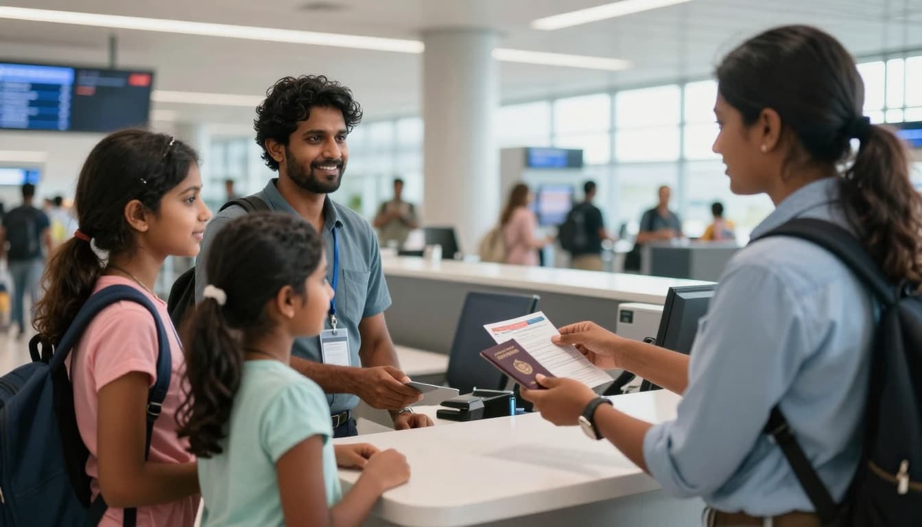 Bahamas Tourist Visa for Indian Citizens Guide | Exemptions 7 A joyful Indian family stands at the immigration counter in a modern Bahamas airport, smiling as they show their passports and visas to the officer. The realistic scene features bright lighting, nearby luggage, and a welcoming atmosphere with a focus on their interaction.