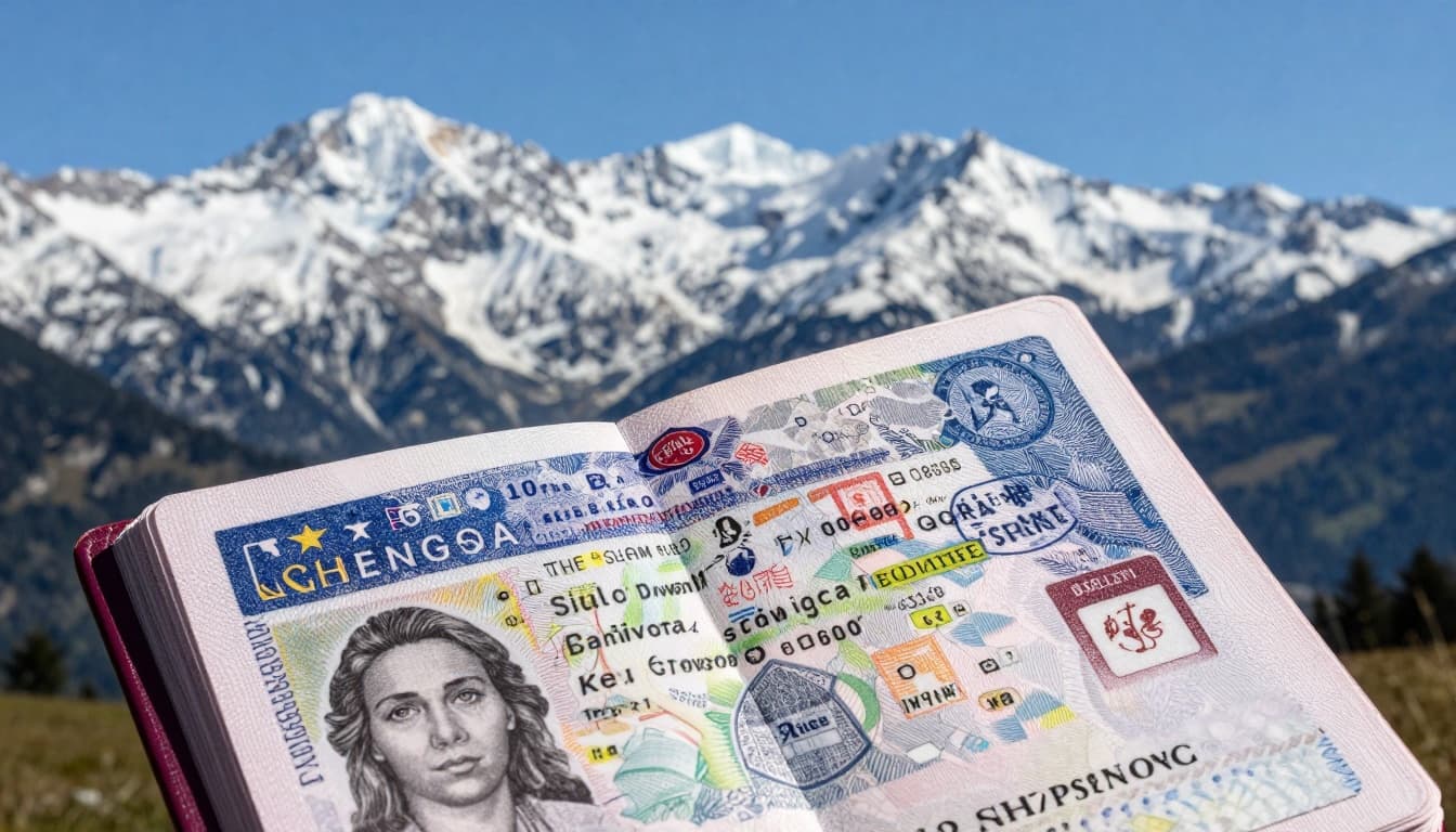 In the foreground, an open passport reveals a colorful Schengen visa sticker with stamps, set against snow-capped Austrian Alps under a clear blue sky. Realistic photography style with bright natural daylight, detailed textures, sharp focus, evoking travel adventure.