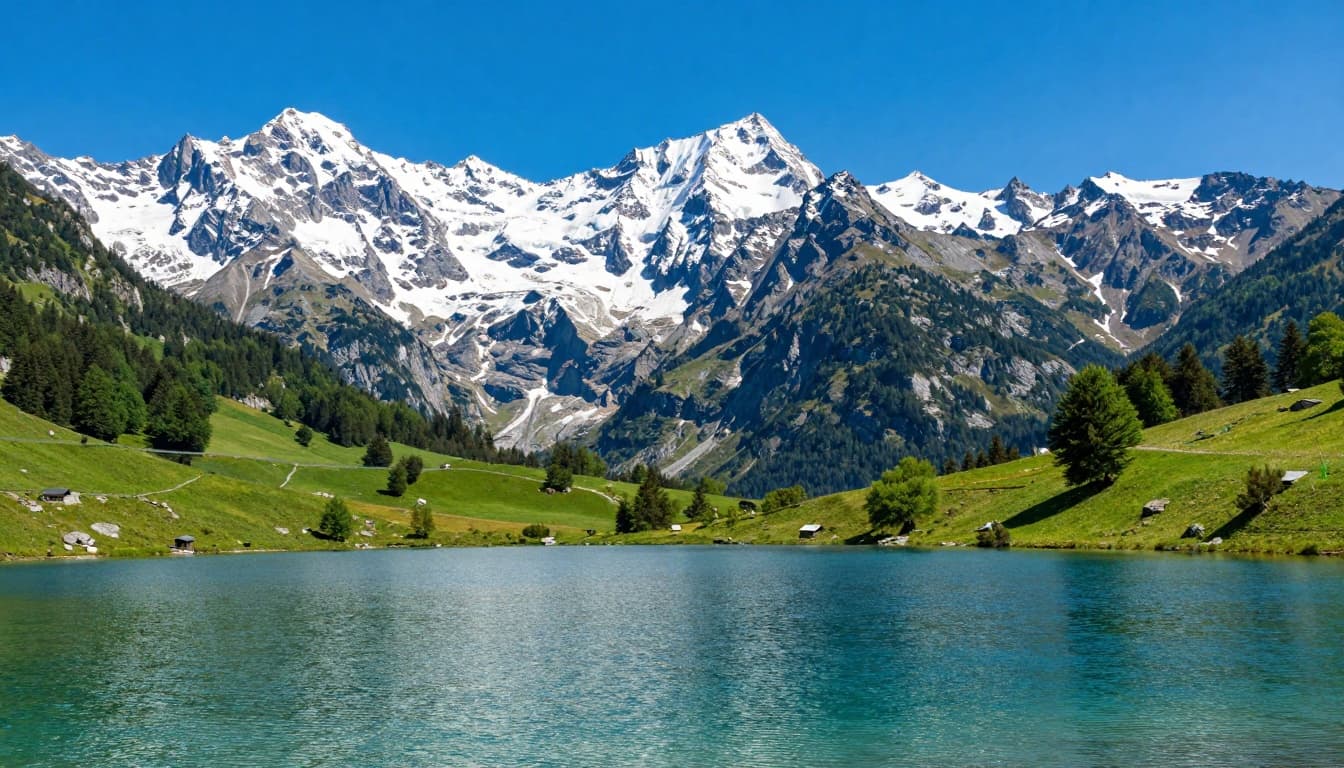 Majestic snow-capped Austrian Alps in summer with lush green valleys and a crystal-clear lake in the foreground, under a vibrant blue sky. Realistic high-detail photography capturing a serene and inviting wide landscape view.