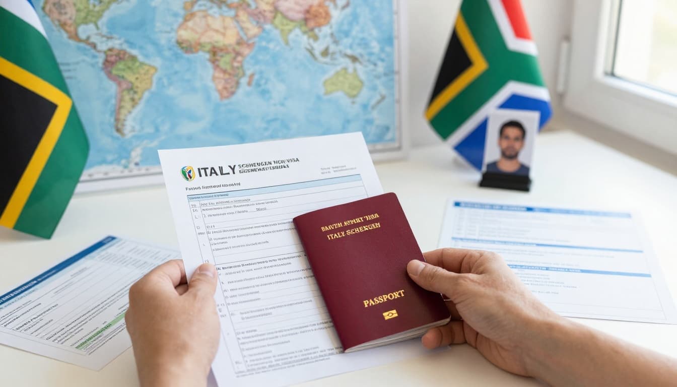 Visa for Italy from South Africa: Your 2026 Guide 2 A South African traveler organizes essential documents for an Italy Schengen visa application at a home desk, including open passport, forms, bank statements, Rome flight tickets, hotel bookings, insurance, and photo. Background features a world map highlighting Italy and the South African flag under natural daylight.