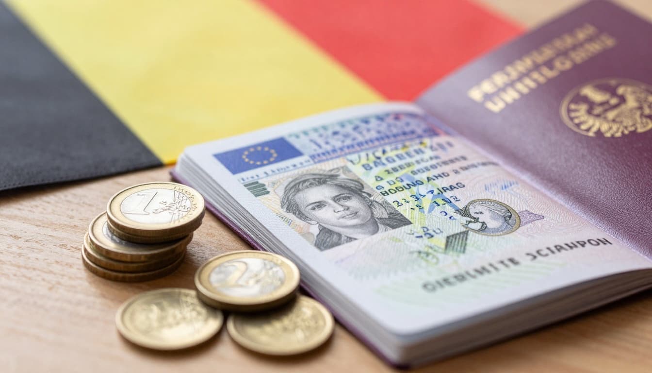 A realistic close-up view of several shiny euro coins stacked neatly next to an open passport showing a Belgian Schengen visa stamp page, on a wooden table with subtle Belgian flag colors in the blurred background.