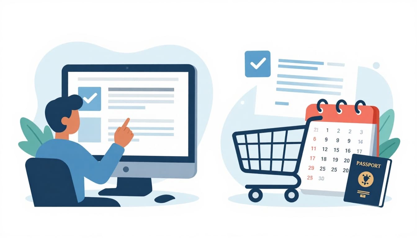 Modern flat design illustration featuring step-by-step icons of buying travel insurance online, including a person comparing policies at a computer, shopping cart, downloading certificate, calendar with dates, and passport.