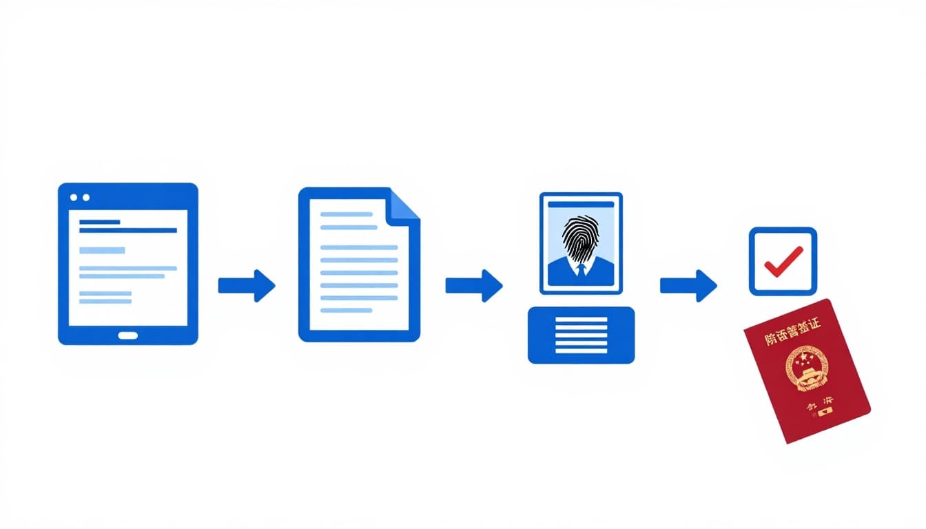 Illustration of step-by-step China visa process: icons showing online form filling, document upload, in-person submission at visa center, fingerprint scan, payment, and passport pickup with visa sticker. Modern infographic style in blue and red colors, simple icons on white background, sequential flow from left to right, clear and easy to follow, no text labels.