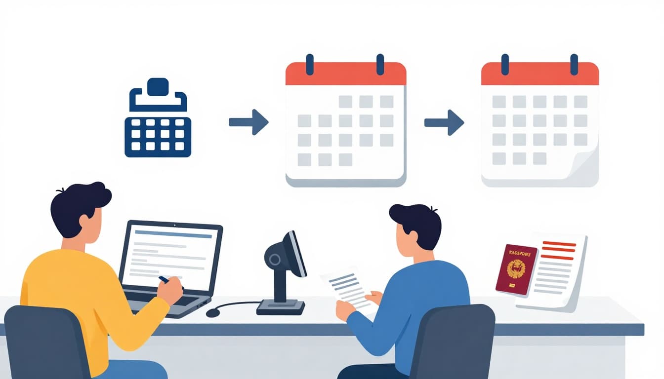 Illustration of a step-by-step visa application process showing a person filling an online form on a laptop, submitting documents at a counter with biometric scan, waiting period on a calendar, and final passport stamp approval. Clean modern infographic style with bright colors, simple icons, no text, and wide landscape view.