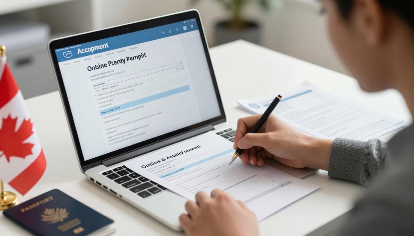 Study Permit Canada Application: How to Apply, Rules, Fees 7 Close-up of a focused student completing an online study permit application on a laptop in a modern home office, with Canadian flag, passport, acceptance letter, and bank statement nearby.