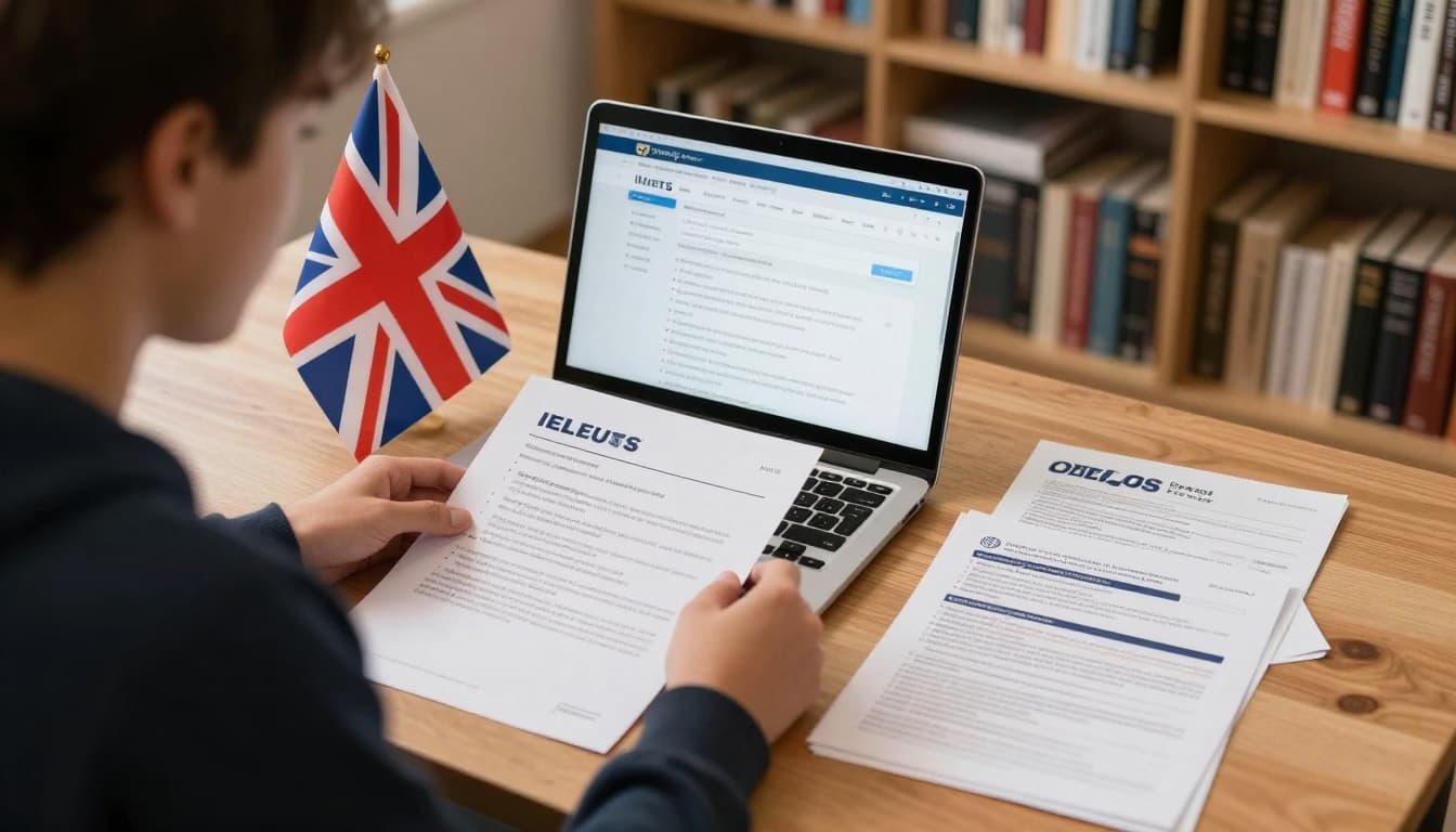 A focused student at a desk reviews UK visa papers, IELTS certificate, CAS letter, and scholarship info on a laptop displaying university portals, in a cozy study room with bookshelves and UK flag, realistic style with warm lighting.