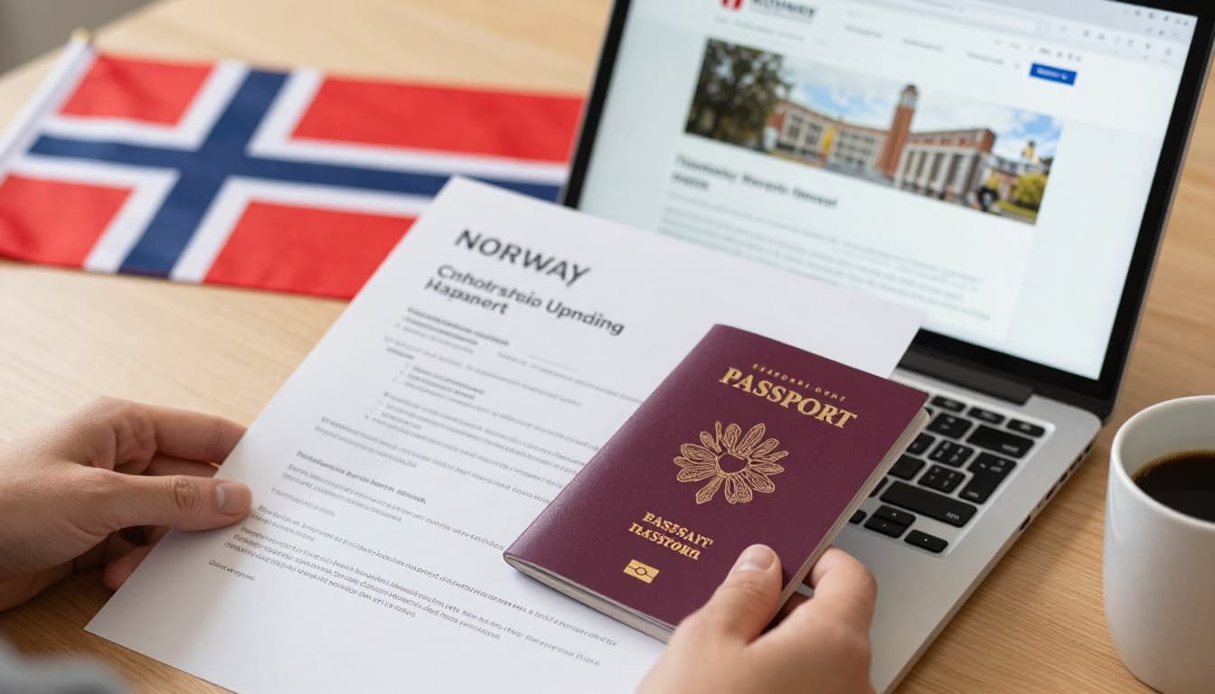 Scholarships in Norway for International Students 2026: Top Options and How to Apply 7 Close-up of a student hand holding scholarship documents and passport, laptop showing Norway university website on a wooden desk with Norwegian flag and coffee mug, warm lighting, motivational vibe.