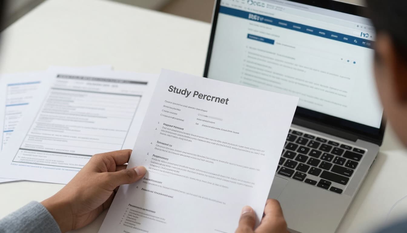 How to Renew My Study Permit Canada: IRCC Guide 2026 6 Close-up view of a student's hand holding a study permit document next to a laptop screen displaying the IRCC online application portal, surrounded by scattered papers like passport, enrollment letter, and bank statement on a clean desk.