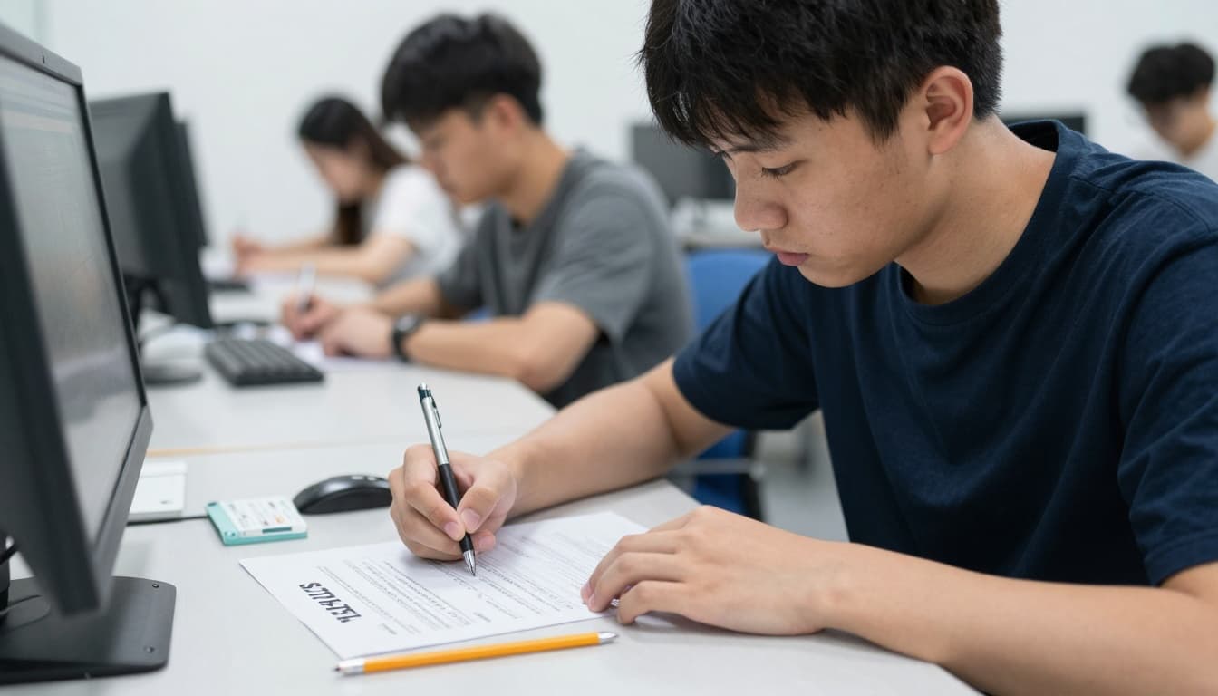 Close-up of a focused student writing answers on paper during an IELTS test in a modern exam center, with pencils, ID, and computer screen on the desk. Other concentrated students in a bright, professional atmosphere.