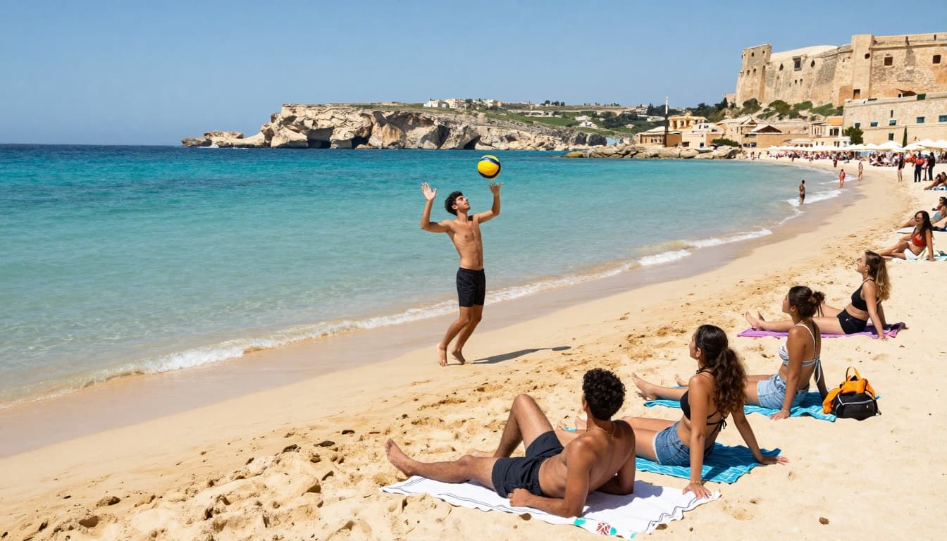 Photorealistic sunny beach scene in Malta with international students relaxing and playing volleyball amid turquoise waters, golden sand, umbrellas, cliffs, and historic fort.