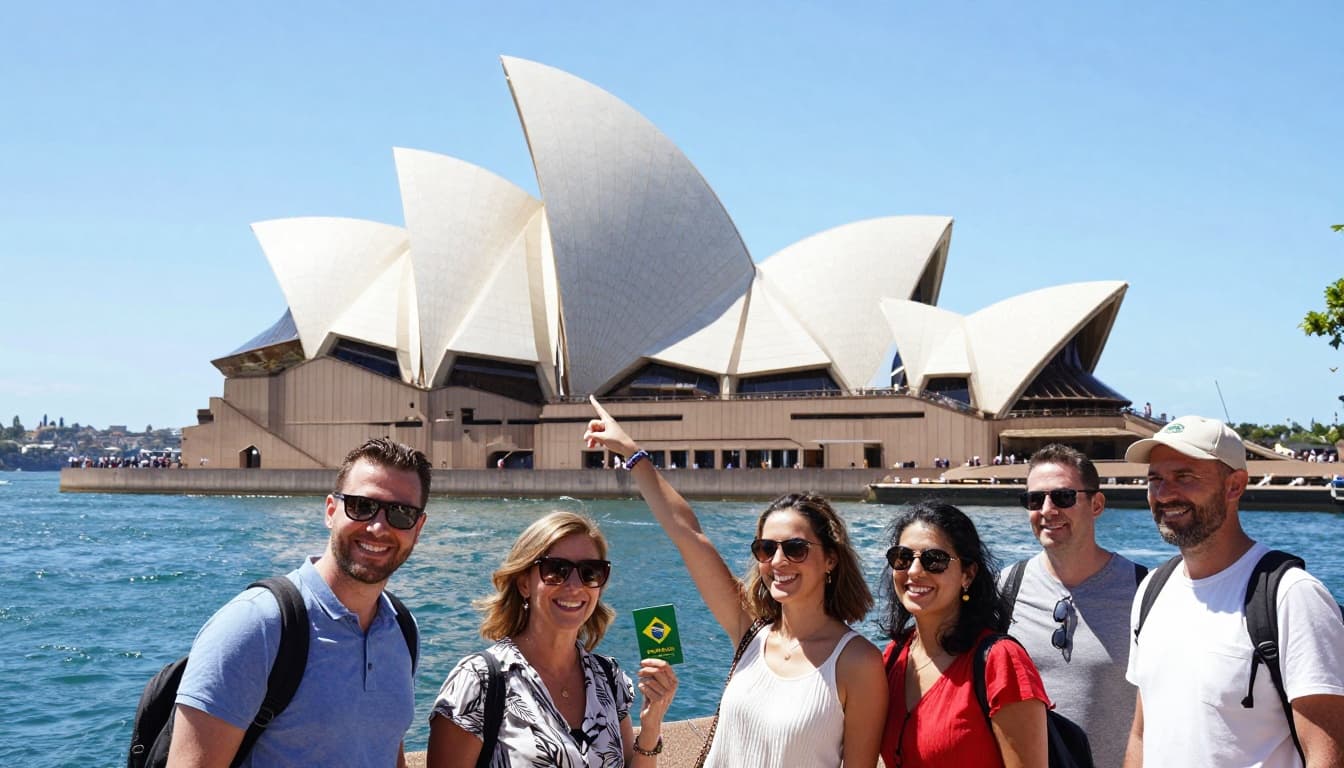 A photorealistic image of the Sydney Opera House on a sunny day with clear blue skies, sparkling harbor water, and a diverse group of smiling tourists in the foreground, one holding a Brazilian passport.