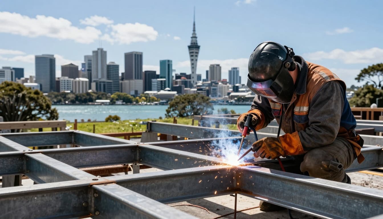 Scenic view of a professional welder using a TIG welder to fabricate steel structures on a construction site in Auckland, New Zealand, with the city skyline and harbor in the background on a sunny day.