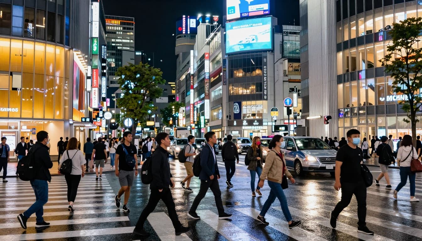 A bustling Tokyo street at night features vibrant neon lights, crowds of tourists and locals crossing the road, and skyscrapers in the background, with colorful reflections on wet pavement after rain in a dynamic, photorealistic style.