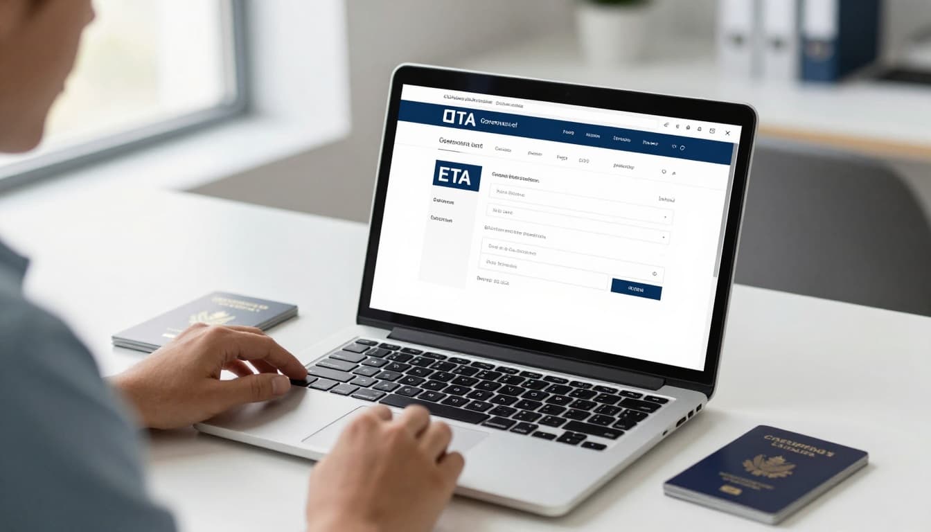 Photorealistic image of a traveler at a clean modern desk with laptop open to the official Government of Canada eTA application page, passport and credit card nearby, bright natural light creating a secure professional atmosphere.