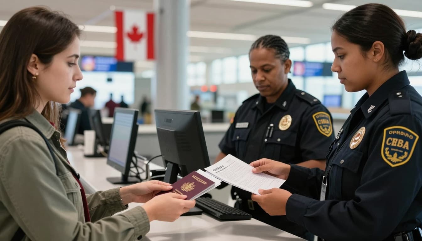 Temporary Resident Permit Holder in Canada Guide Today 5 A diverse foreign traveler hands over passport and documents to a uniformed CBSA officer at a Canadian airport border control counter, with the officer reviewing them on a computer screen. Background features Canadian flags and airport signage in a realistic, welcoming yet official style.