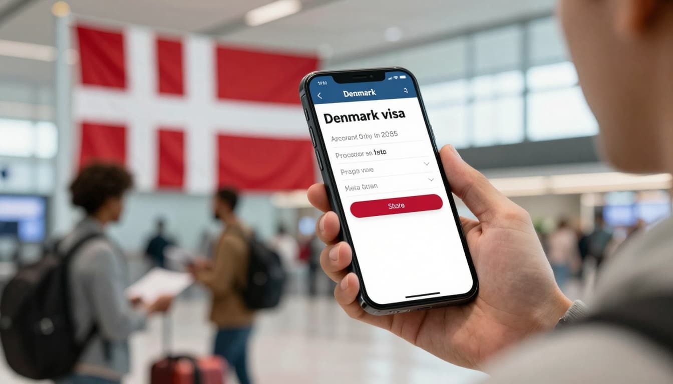 Visa Denmark processing time, 15-45 Days, Real Waits 5 A diverse traveler checks their Denmark visa application status on a smartphone app at an airport, with the Danish flag in the background, in a modern and bright atmosphere with natural lighting.