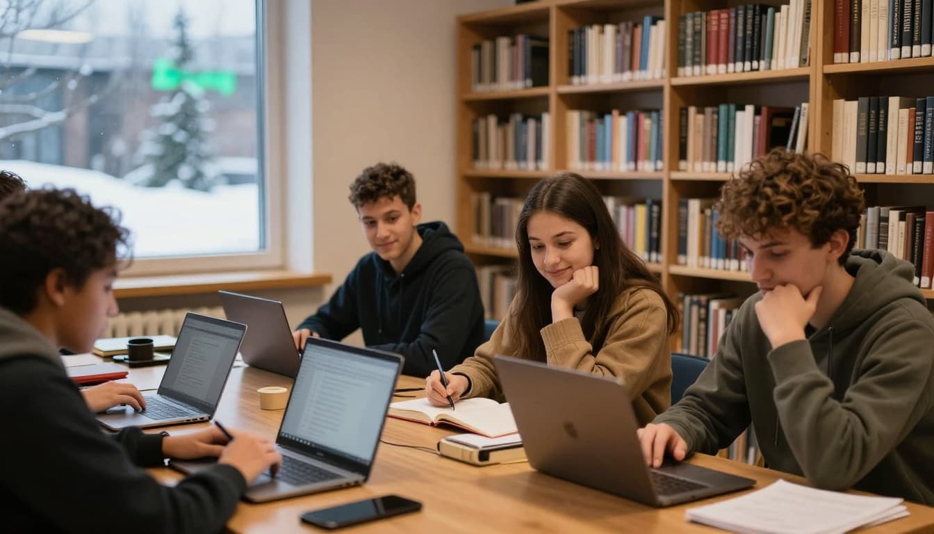 Students from Uganda studying focused and happy in a cozy Norwegian library with bookshelves and open laptops, snow and faint northern lights outside the window, warm indoor lighting.