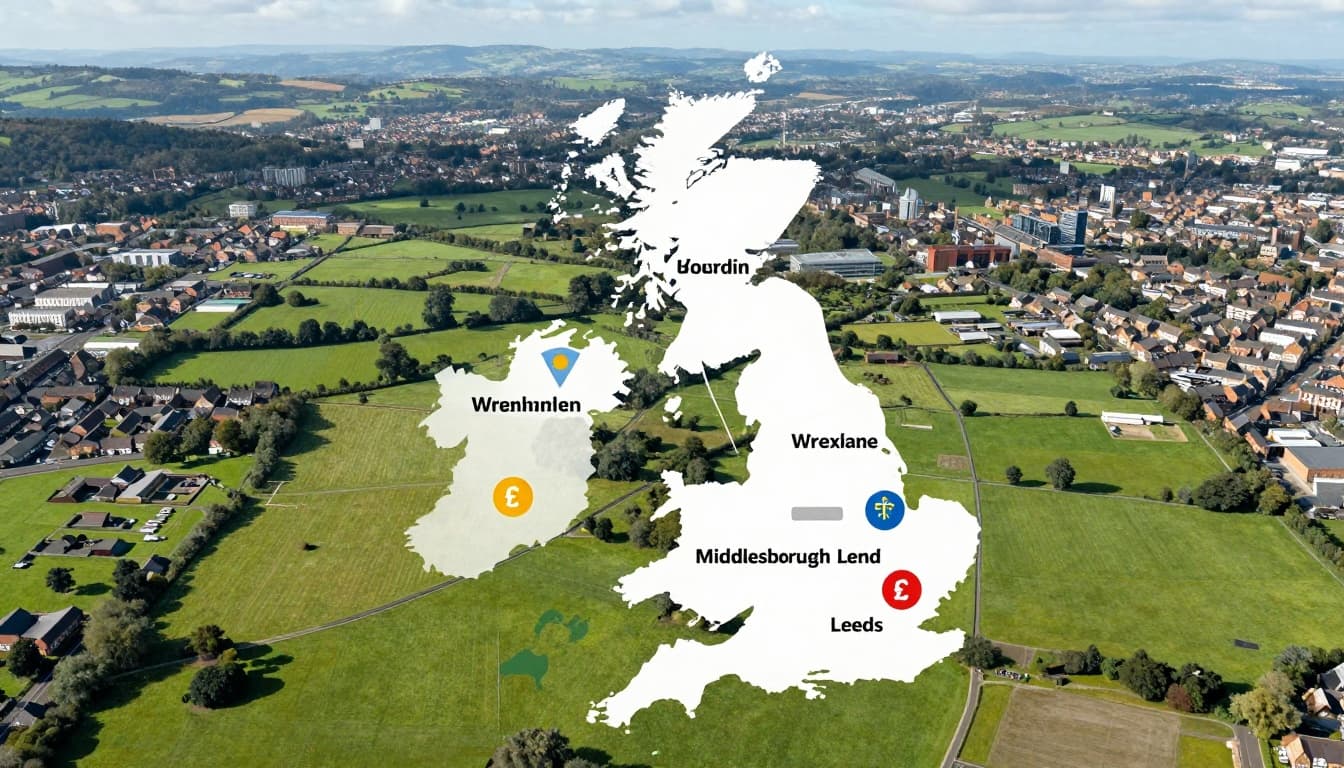 An illustrative aerial view of a UK map highlighting budget-friendly student cities like Wrexham, Middlesbrough, Sunderland, and Leeds, featuring university icons, pound signs, and house symbols amid green countryside and urban landscapes.