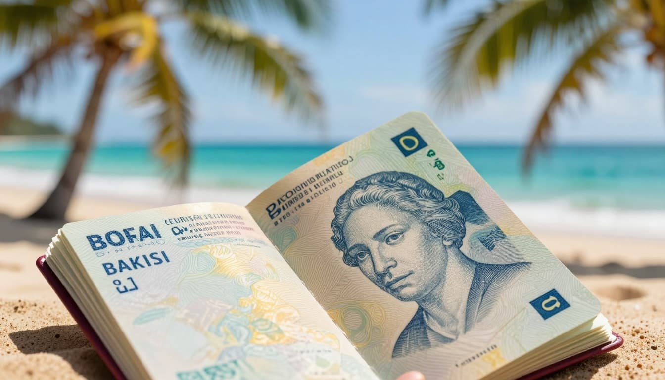 Tourist Visa Brazil from UK 2026: The Visa-Free Guide 2 A close-up view of an open UK passport showing a Brazilian entry stamp inside, placed on a sandy beach with turquoise ocean waves in the background and palm trees swaying gently. Sunlight filters through, creating warm golden highlights.