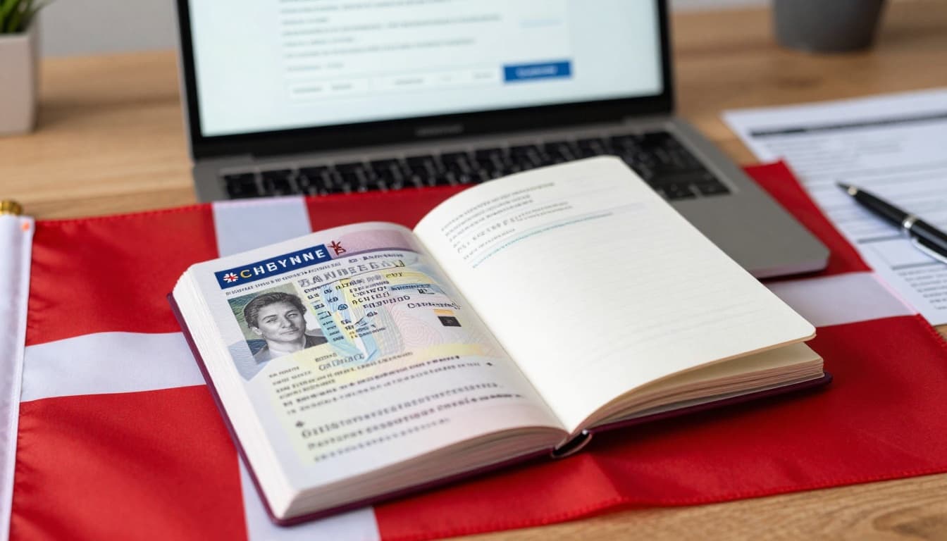 A close-up view of a UK passport lying open beside the Danish flag on a wooden desk, with a laptop displaying a Schengen visa application form in the background.