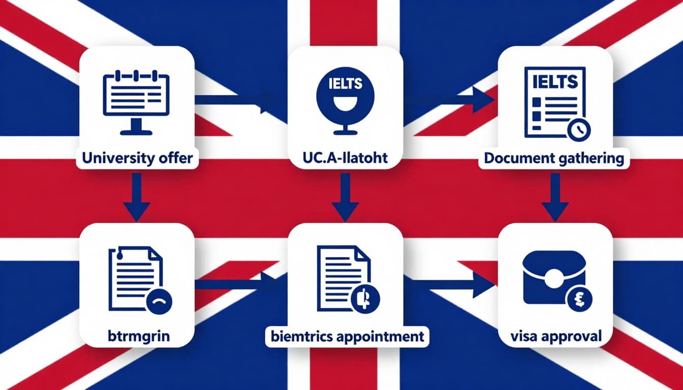Step-by-step visual flowchart illustrating the UK student visa application process with icons for university offer, IELTS test, document gathering, online application, biometrics appointment, and visa approval, in a clean infographic style.