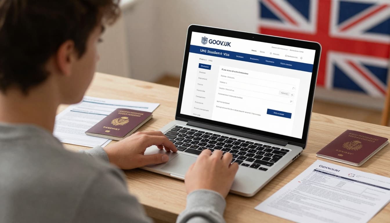 Student Visa Application UK Online | Easy Steps, Fees, Tips 3 Detailed illustration of an international student using a laptop to complete the UK student visa application on GOV.UK in a cozy home office, with passport, CAS letter, and bank statements on the desk.