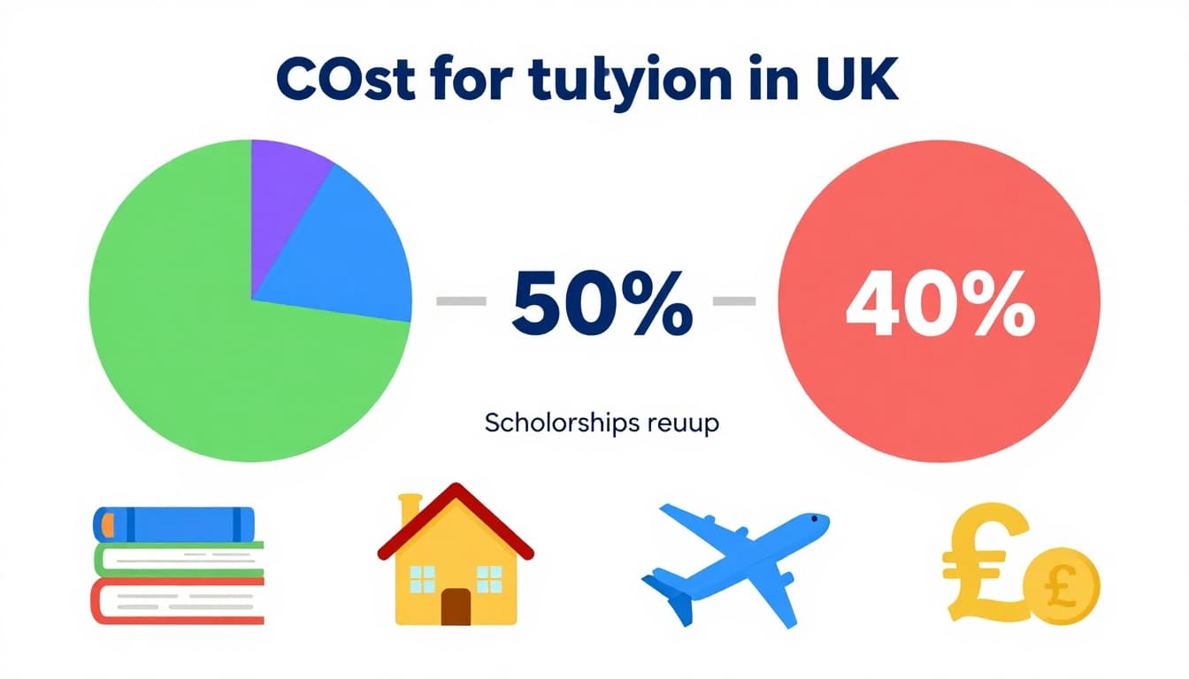 Cheap British Universities for International Students in 2026 3 Infographic-style illustration depicting the cost breakdown for studying in the UK, with tuition at 50%, living expenses at 40%, and scholarships reducing totals, using icons like books, house, plane ticket, and pound signs in bright, clean vector art.