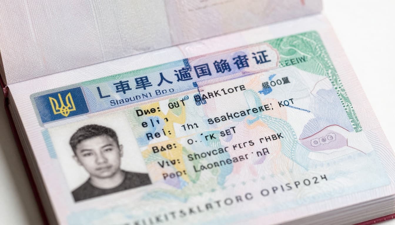 Visa to China for Ukrainians: Complete Guide, Fees, Steps 2 Realistic close-up of an open Ukrainian passport displaying a genuine Chinese L tourist visa sticker with validity dates visible and detailed elements like entry type and photo.