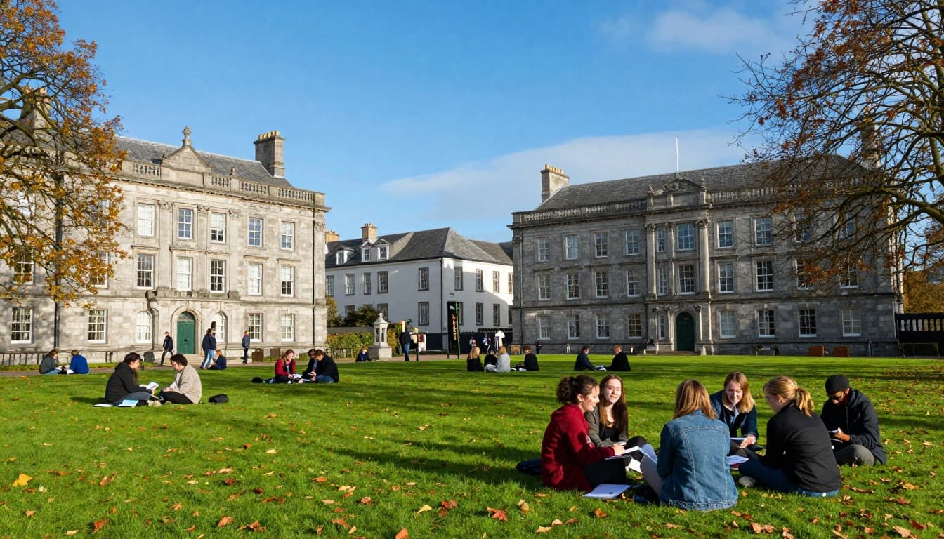 Students sit on green lawns under ancient stone buildings at University College Cork, Ireland, studying and laughing amid scattered autumn leaves under a clear blue sky.