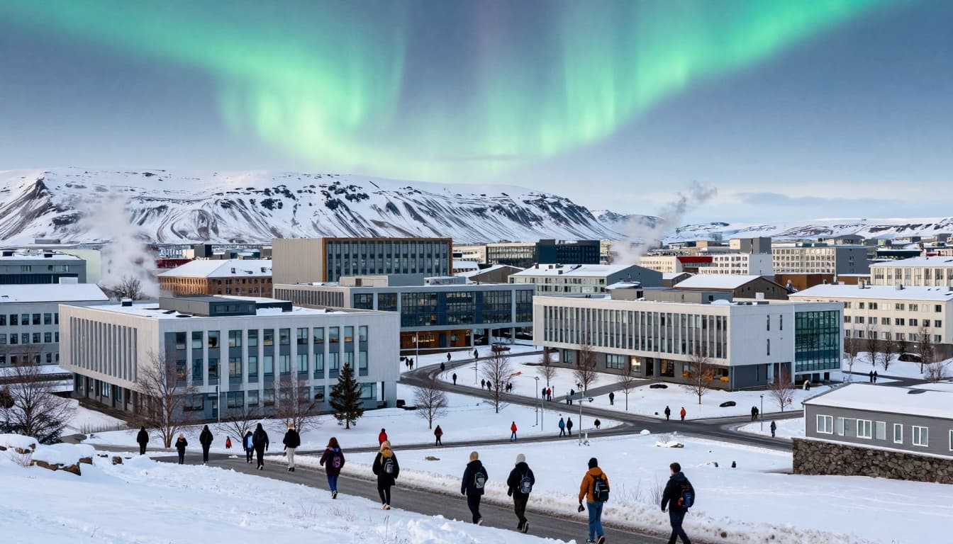 A vibrant photorealistic landscape of the University of Iceland campus in Reykjavik during winter, featuring modern buildings amid snowy paths with students, distant mountains, a hint of Northern Lights, geothermal features, and city skyline.