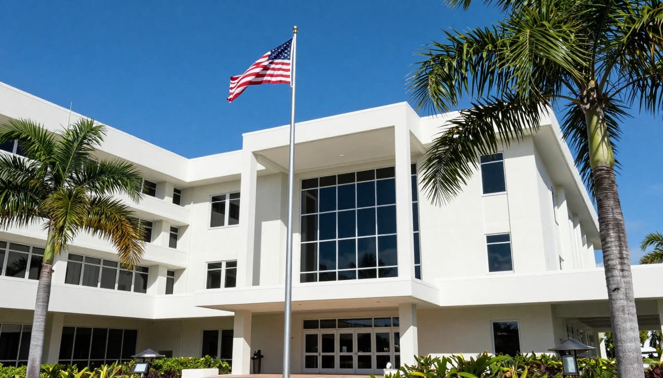 US Embassy Bahamas Passport Renewal: Mail-In or In-Person 5 Daytime exterior view of the modern US Embassy in Nassau, Bahamas, featuring the American flag flying high, tropical palm trees in the foreground, and a clear blue sky.